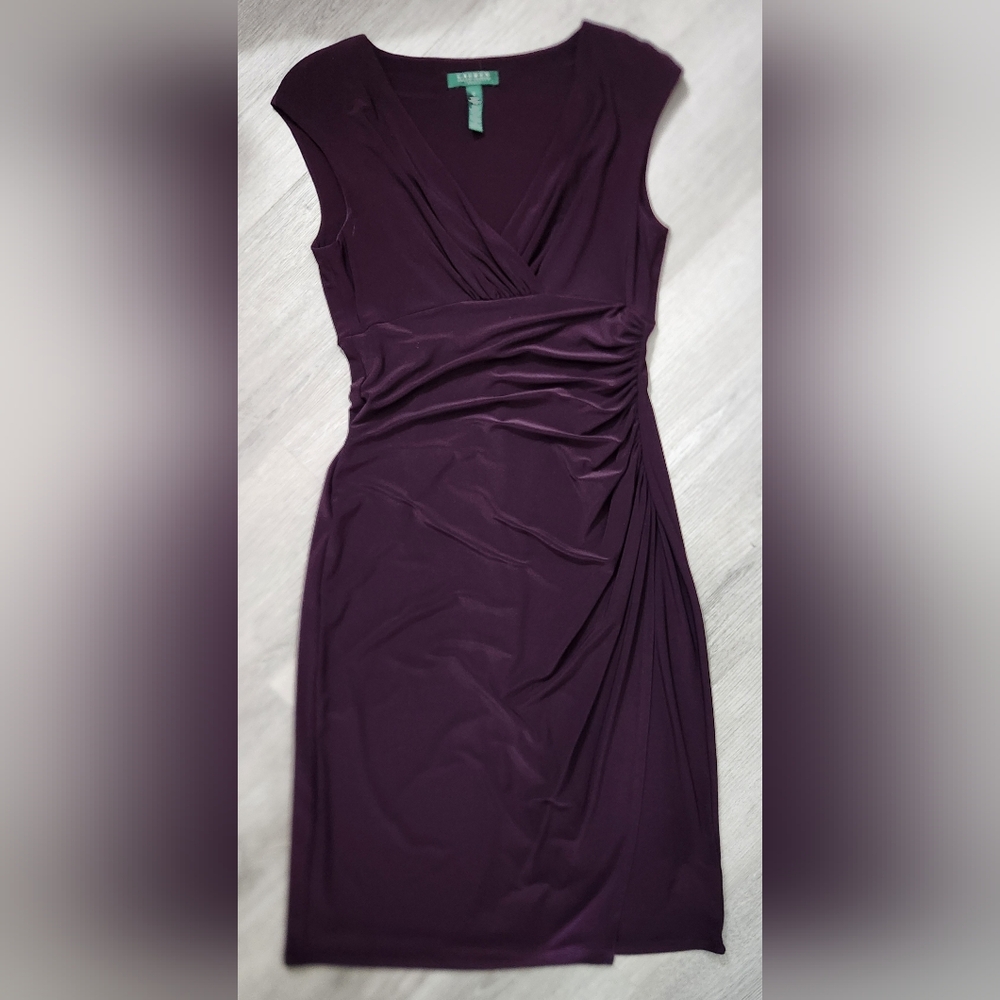 Lauren Ralph Lauren Plum Purple Ruched Jersey Dress Size 8 Sleeveless Faux Wrap